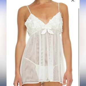 Flora “Bellflower” Ivory Satin Mesh Babydoll Nightgown